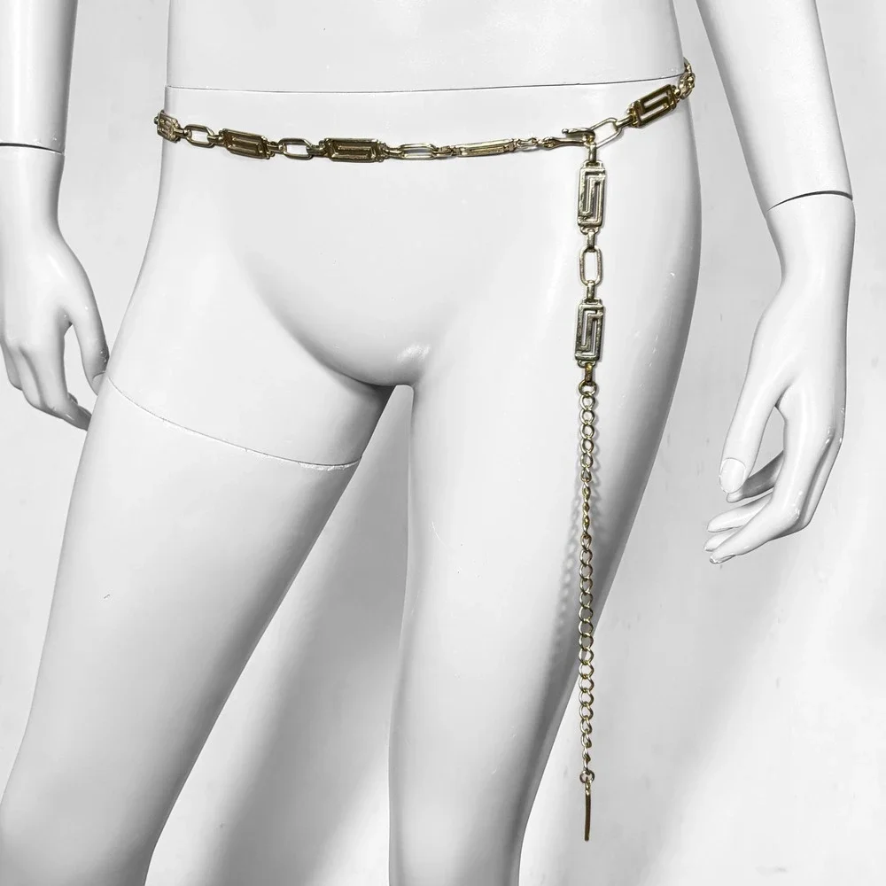 Vintage Gold Tone Greek Key Meander Chain Belt Adjustable Waist Hip Link O/S